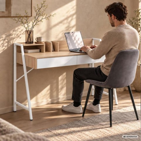 Biurko komputerowe ORIX Dąb Sonoma 124 cm 2 szuflady 1 półka białe nogi styl industrialny 124x48x91,5 cm