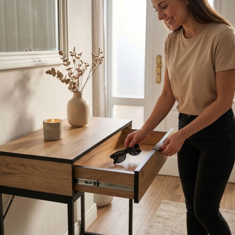 Konsola stolik loftowy MODENA 1 szuflada 80 cm Dąb Craft Czarne nogi